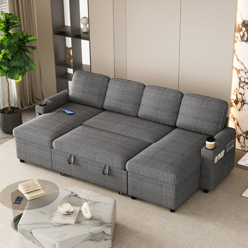 4 Seater Sofa Bed, Grey Corduroy