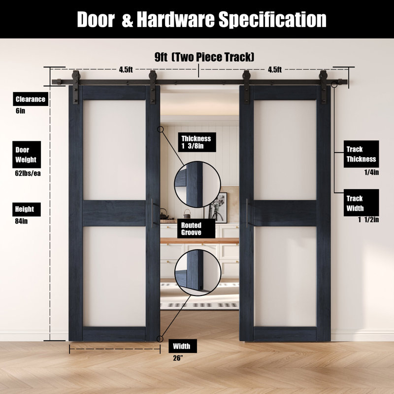 Portes de grange non assemblées et finies en verre à 2 verres de 26 po x 80 po Homacer de Homacer, 26 po x 80 po