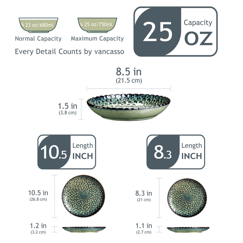  Chrys Stoneware Dinner Service Set For 4 People, 12-piece Crockery Set With Flat Plate, Soup Plate And Cake Plate, Green