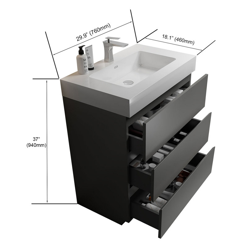 Meuble-lavabo de salle de bain autoportant avec grand lavabo et rangement, Blanc, Gris