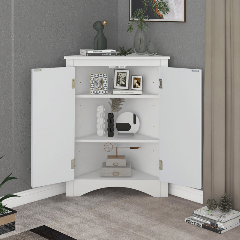 Roomfitters Triangle Corner Bathroom Cabinet, Modern MDF Floor Storage Organizer with Adjustable Shelves & Metal Knobs, White