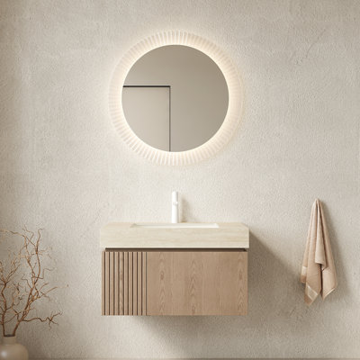 Meuble-lavabo de salle de bain de 76 cm (30 po) avec armoire flottante en contreplaqué, motif pierre frittée, lavabo en céramique encastré, système de fermeture amortie, beige, poids de 37,8 kg (83,47 lb), largeur de 48,2 cm (18,96 po), profondeur de 76,8 cm (30,24 po) avec tiroir et porte.
