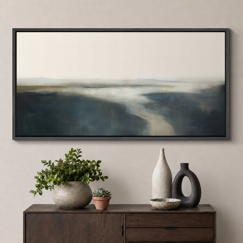 Minimal paysage horizon brume abstraite paysage brumeux, H 30 po x l 60 po, Noir