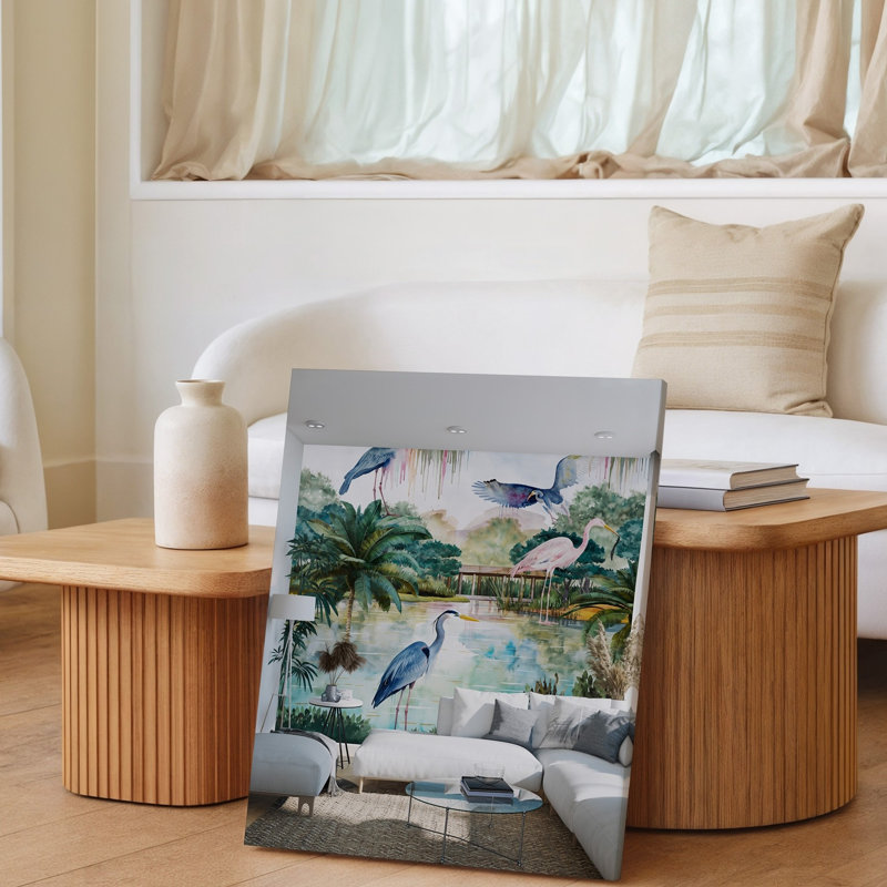 Toile d'un salon serein avec une grande murale d'un étang tranquille entouré d'une verdure luxuriante et d'arbres avec une toile tendue