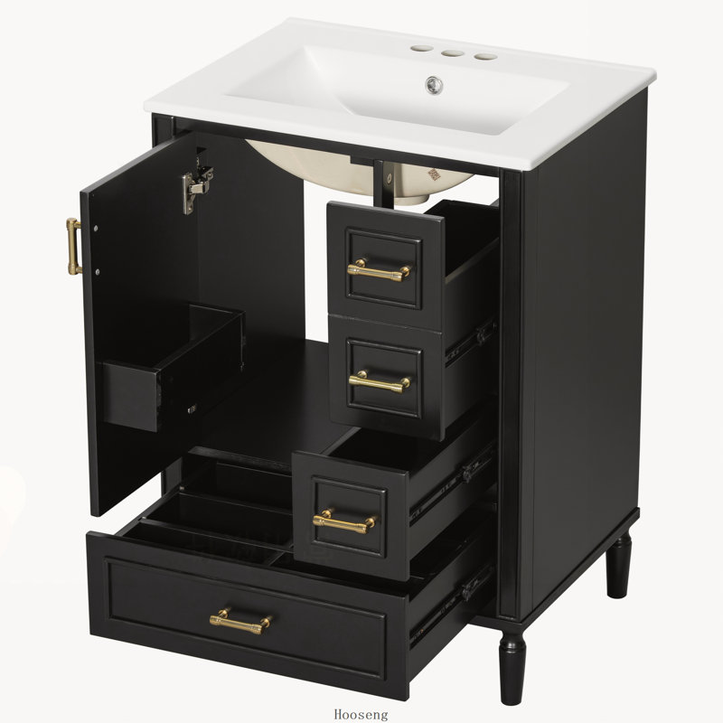 Meuble-lavabo moderne de 61 cm (24 pouces) avec lavabo en céramique, porte à fermeture douce, 3 tiroirs et poignées dorées
