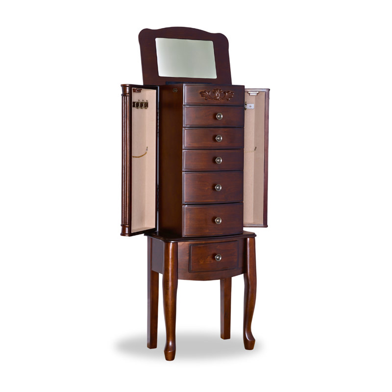 Dark Walnut Traditional Freestanding Jewelry Armoire with Mirror