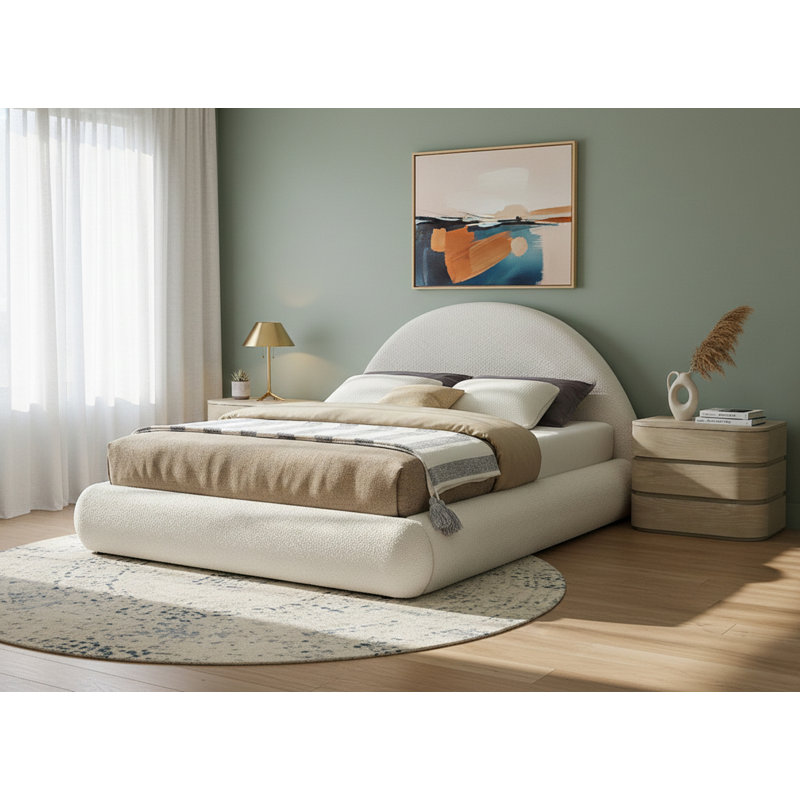 Rudy Upholstered Bed, Queen, Cream Faux Shearling Teddy Fabric