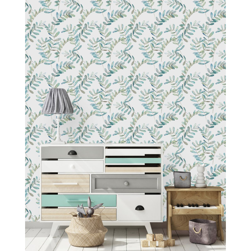 Leaves On White Wallpaper, 225" L x 25" W