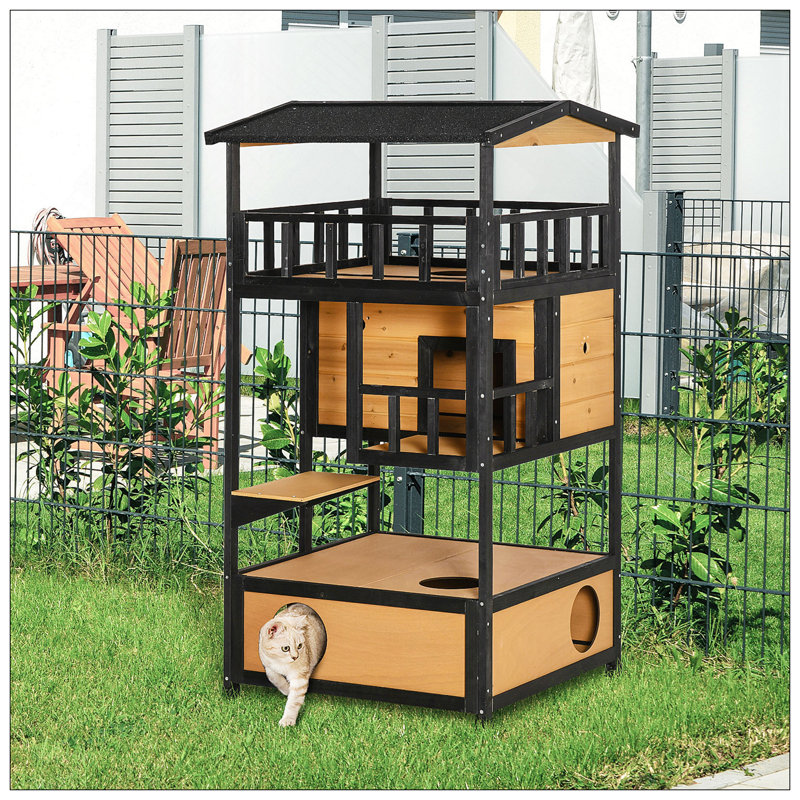 Wooden Outdoor Cat House With Asphalt Roof, Escape Doors, And Multi-Level Platforms For Feral And Domestic Cats