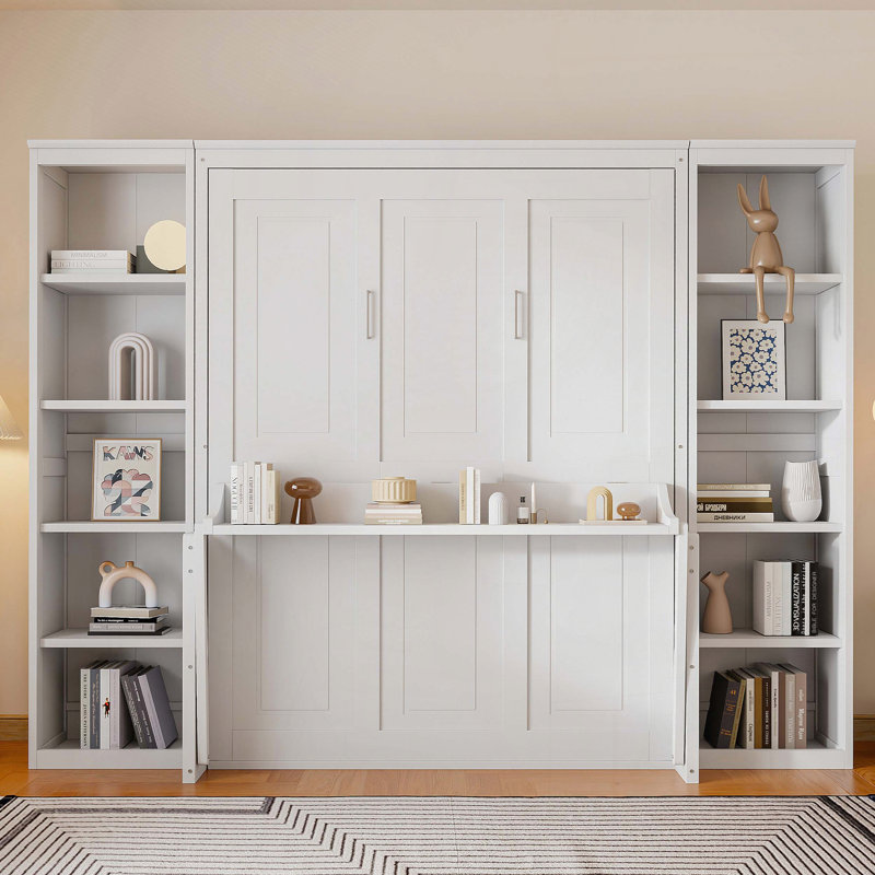 Grand lit escamotable avec bureau et tablettes, Blanc
