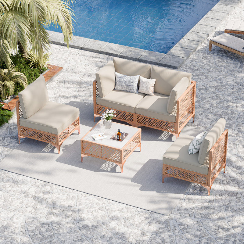 4 - Person Premium Patio Wicker Sectional Seating Group With Cushions, Brown, Beige