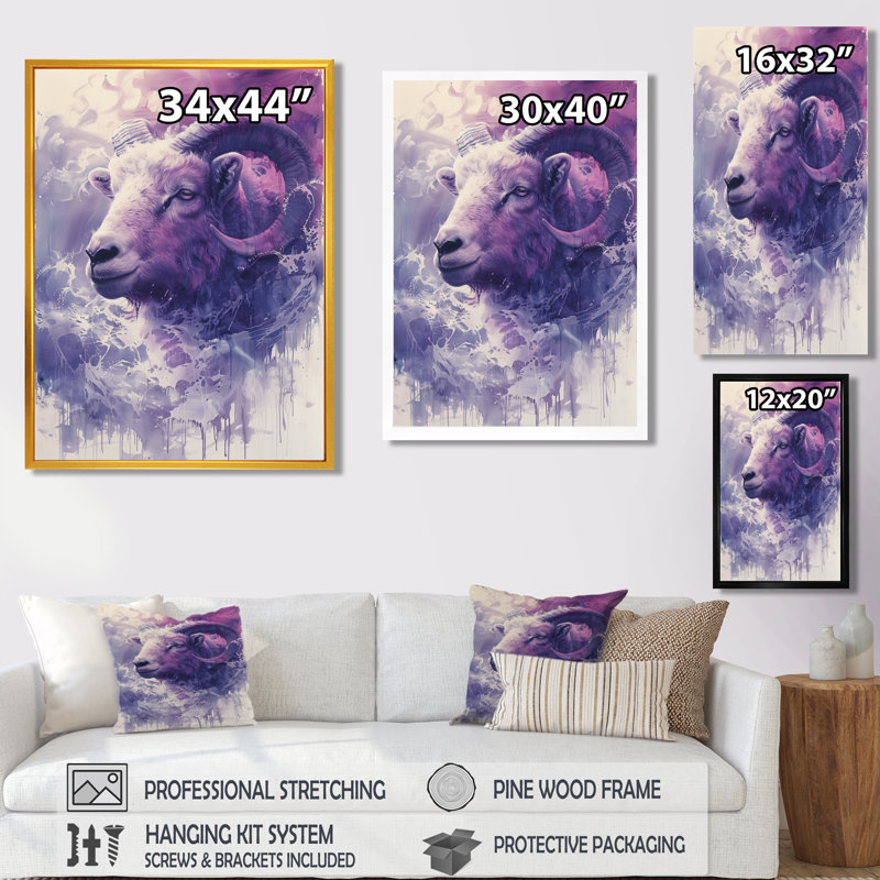 «Purple Ram Spirit Tranquility - Ram Animals», art mural, H 44 po x l 34 po x P 1,5 po, Toile tendue