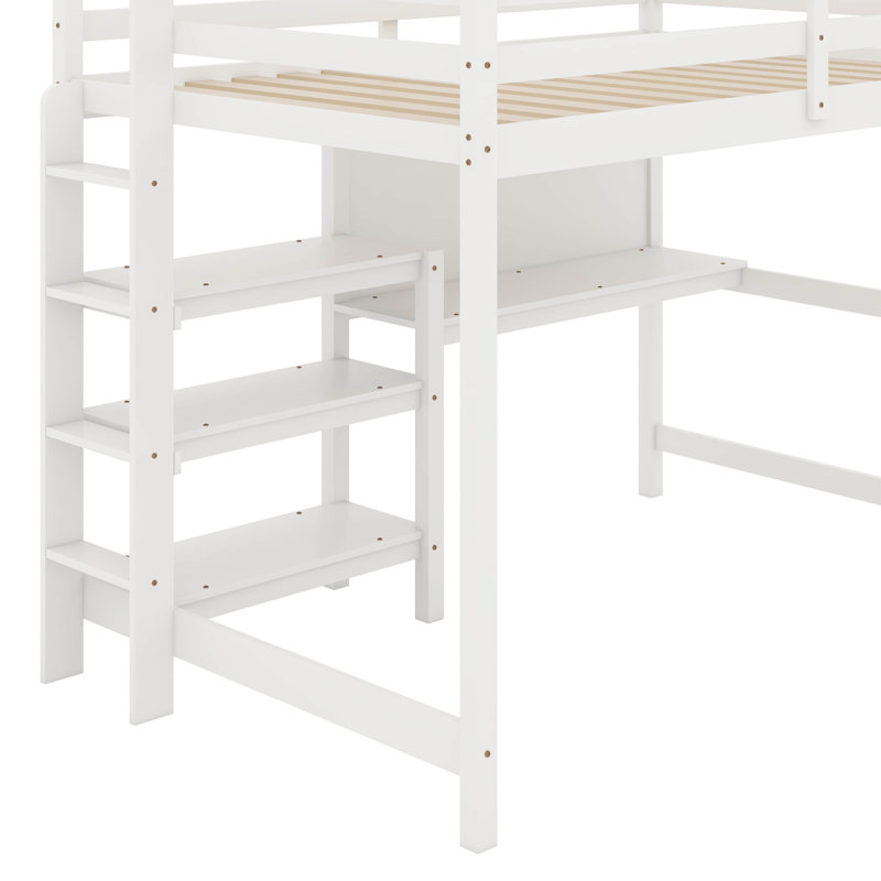 Lit mezzanine double en bois avec tablettes, bureau et tableau d'écriture