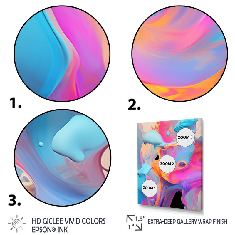 "Peinture rose et bleue Fusion V", Cadre flottant doré, H 44 po x l 34 po x P 1,5 po