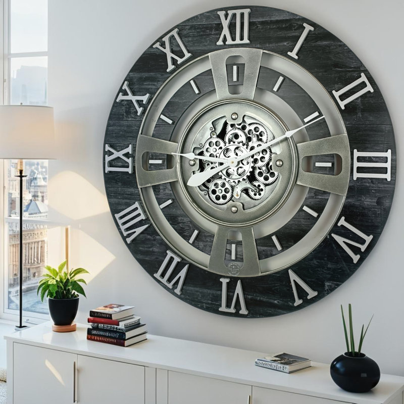 Wall Clock 36" Oversized for Living Room decor with Real Moving Gears England Collection, Vintage Black