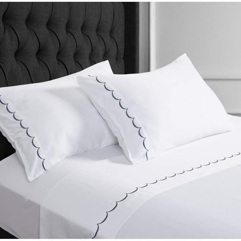 Ensemble de draps 100% coton 600 fils Camillo Scallop, Ensemble de draps pour lit simple avec un drap-hou, Bleu marine