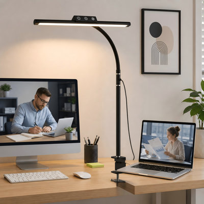 Black Clamp-On LED Work Lamp with 5-Color Touch Control, Stepless Dimming, Adjustable Gooseneck and Eye-Friendly Light for Study or Reading
