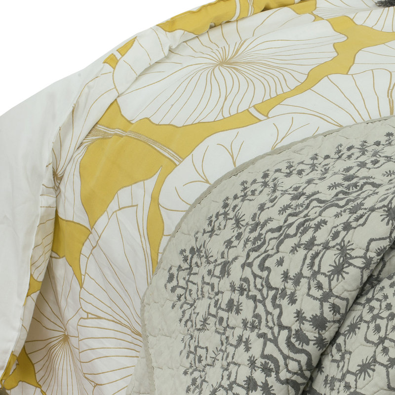 Gingko Gray Reversible Cotton King Quilt Set with 2 Shams