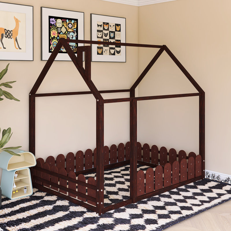 Wood Bed House Bed Frame With Fence, Espresso , Full
