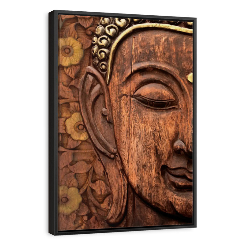 Visage de Bouddha sculpté, Cadre flottant noir, 27 po x 40 po