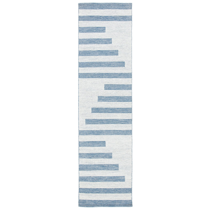 Wisen Hand Woven Cotton/Wool Striped Rug in Ivory/Blue, Runner 2'3" x 9'