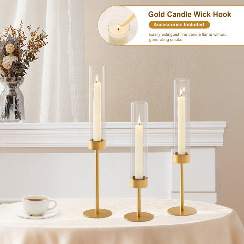 Gold Hurricane Glass Candle Holder Set of 3, Tall Metal & Windproof Glass Taper Candle Holders, Elegant Table Centerpieces for Holiday Decorations, Outdoor & Indoor , Includes Gold Candle Hooks