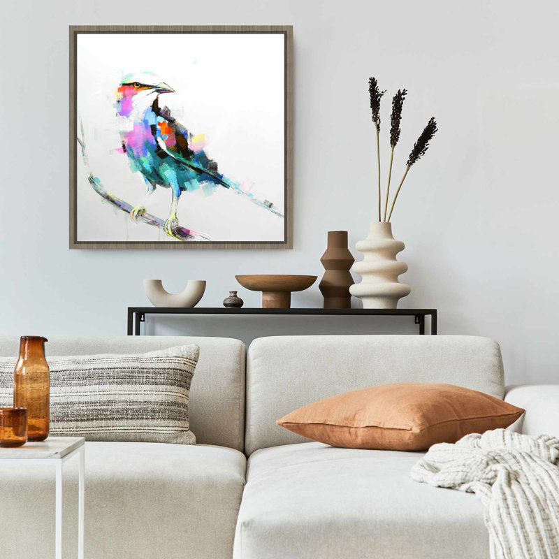 Oiseau rose, toile encadrée - art abstrait coloré