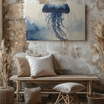 Illustration de méduse monochrome à l'encre bleu marine, art mural sur toile, prêt à accrocher, galerie, décoration moderne