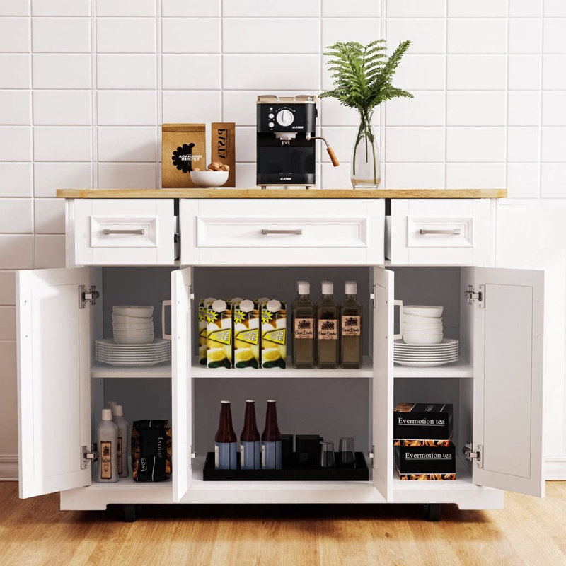 54" Kitchen Island with Rubber Wood Drop Leaf, Embossed Texture Panel, 4 Doors, 3 Drawers, Spice & Towel Racks, Lockable Wheels