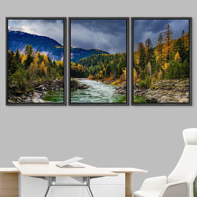 IDEA4WALL Framed Canvas Print Wall Art Set Autumn Fall Mountain Range Forest River Nature Wilderness Photography Realism Rustic Landscape Colorful For