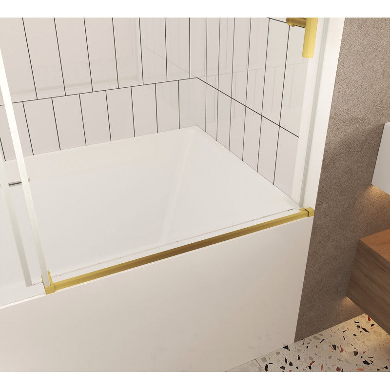 Porte de douche sans cadre l 56 à 60 po x H 60 po, verre trempé transparent de 1/4 po (6 mm), Réversible, Or brossé