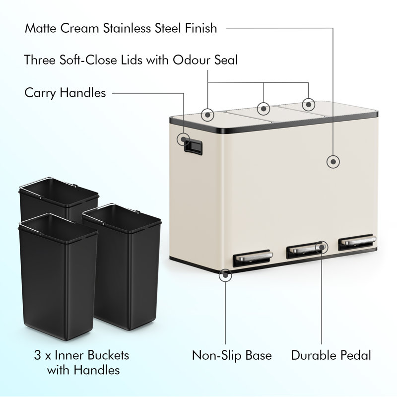 Stainless Steel 45 Litre Step On Multi-Compartments Trash & Recycling Bin, Cream