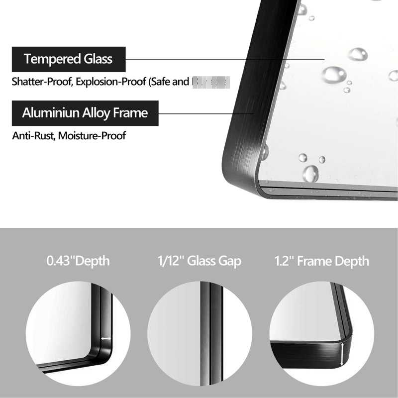 Miroir de salle de bain 36 po x 30 po dans un cadre en aluminium noir - Verre flotté HD pour une apparence claire et nette, alliage de rouille, installation sécuritaire avec barre en Z, pouces emballés, miroir, cadre, verre, preuve, emballage