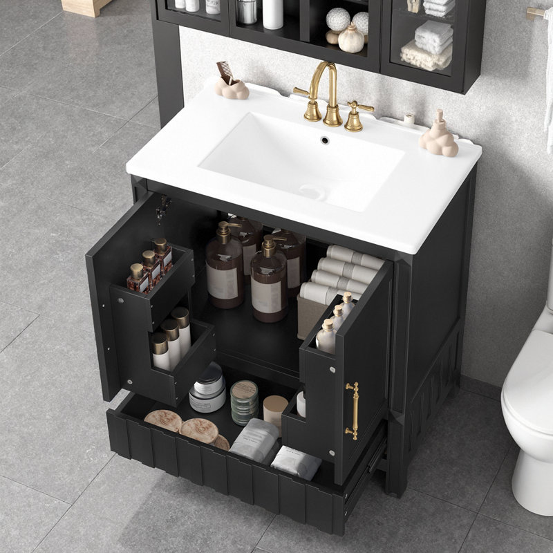 Meuble-lavabo noir 30 po avec lavabo, armoire en bois massif avec 2 portes, tiroir et 4 tablettes de rangement pour les salles de bain modernes