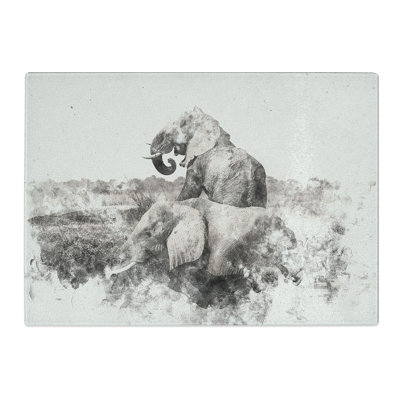 Tempered Glass Two Elephants Watercolour Chopping Board