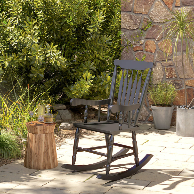 Fauteuil à bascule de patio, capacité de 350 lb, dossier haut noir pour le jardin, balcon, chaise d'extérieur en bois de style, balcon
