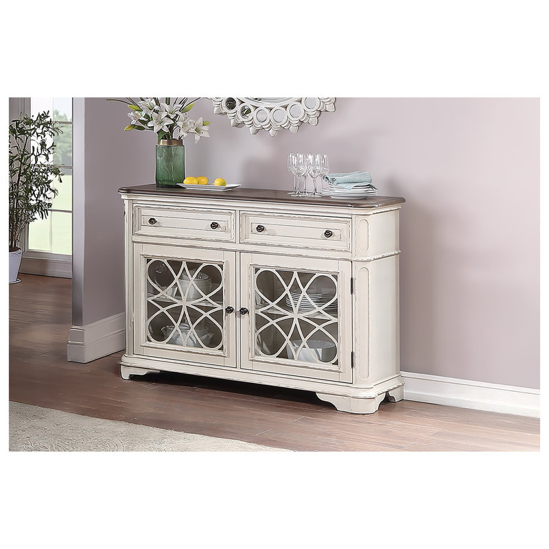Armoire de service traditionnelle blanche antique avec portes et tiroirs en verre pour le rangement de la salle à manger