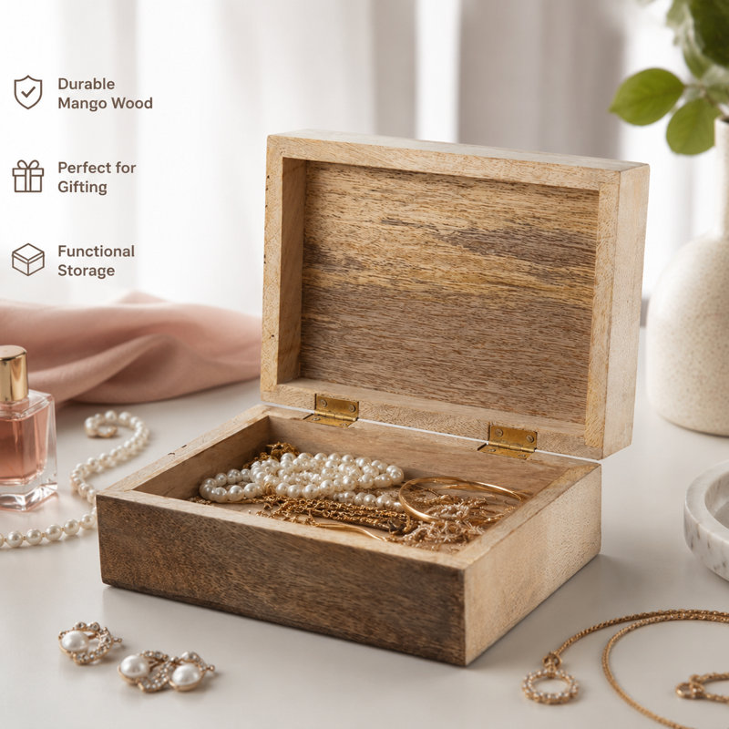Handcrafted Mango Wood Jewelry Box with Carved Lid, 3.5" H x 9" W x 6" D
