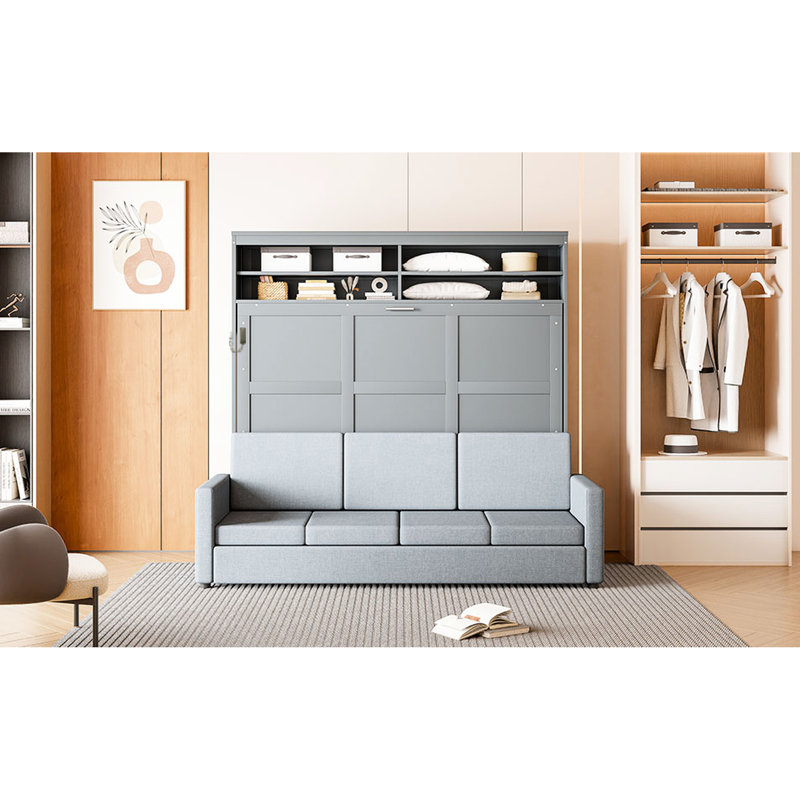 Grand lit mural gris avec sommeil confortable, peu encombrant, rangement unique, mécanisme à deux pistons, se fond parfaitement et se range facilement, idéal pour un appartement