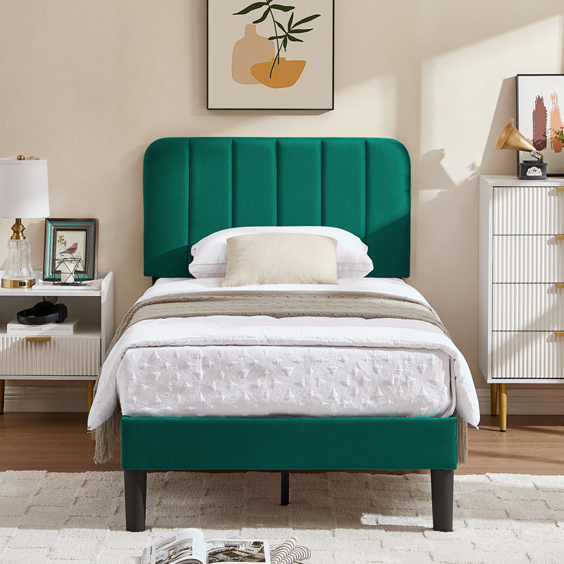 Upgraded Velvet Upholstered Platform Bed with Adjustable Headboard, Reinforced & Quiet Design, No Box Spring Needed, Sturdy Wood Slat Support, Easy Assembly