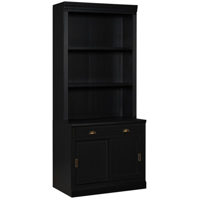 Suite de bibliothèque noire de 83,4 po de hauteur avec éclairage à DEL, portes coulissantes coulissantes, deux tiroirs et tablettes ouvertes, structure en bois massif, idéale pour décorer un salon moderne avec une hauteur de 83,4 po