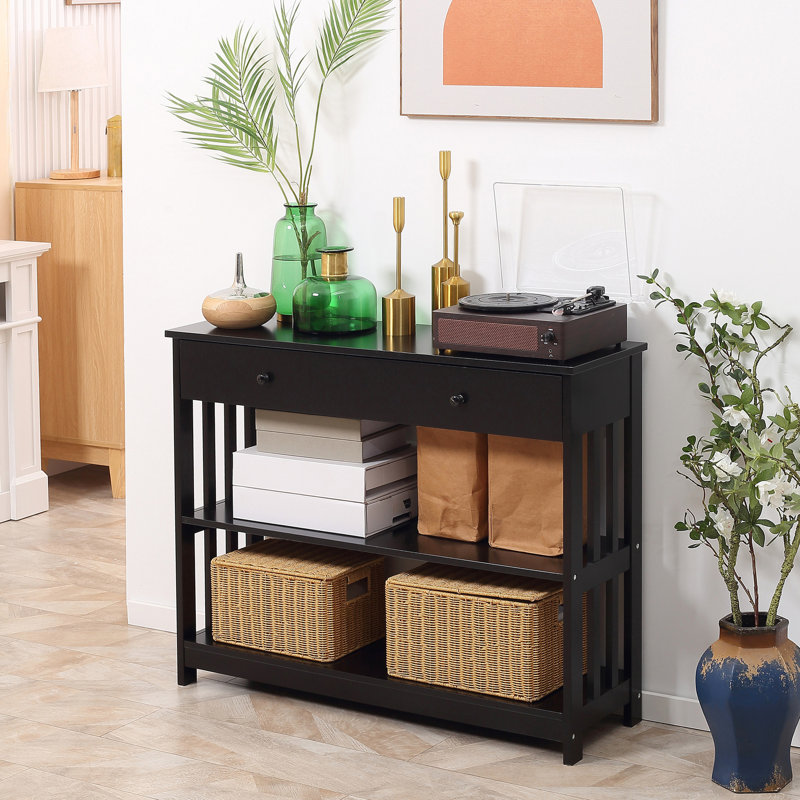Console de couloir console noire avec tiroir extra large et 2 tablettes ouvertes, conception en lattes de bois pour une table de rangement supplémentaire, rangement noir, tiroir, tablettes