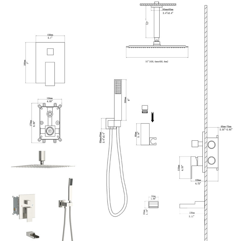 Shower With Waterfall Tub Spout: 16 Inch Ceiling Mount, Brushed Nickel, Handheld & Rough-In Valve 16" Mount System In Nickel: Spout, Shower, Rainfall Head Faucet