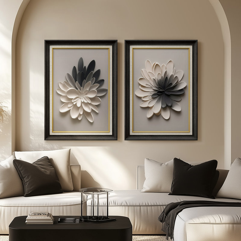 Modern 3D Floral Sculptural Art in Neutral Tones Contemporary Dimensional Wall Decor – Set of 2 Premium Framed Wall Art Print on Paper 26"x36"