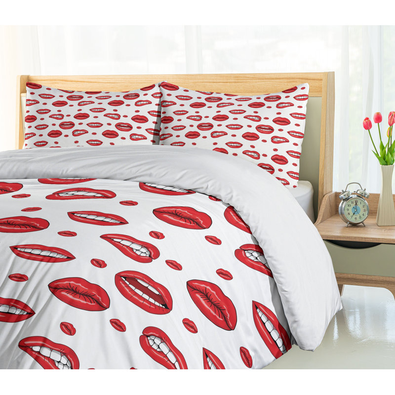 Vermilion and White Lips Print Queen Duvet Cover Set