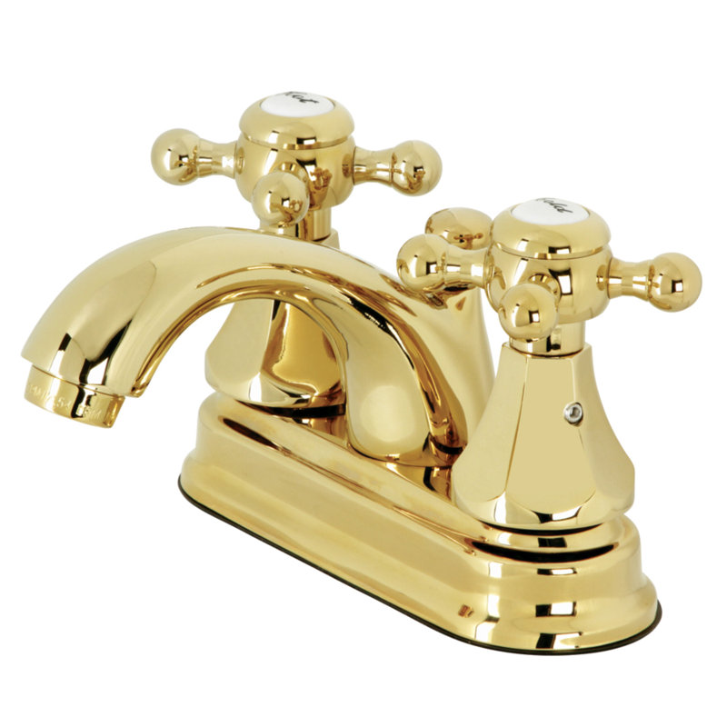 Kingston Brass Metropolitan Two-Handle 3-Hole Deck Mount 4" Centerset Bathroom Faucet with Plastic Pop-Up, Polished Brass