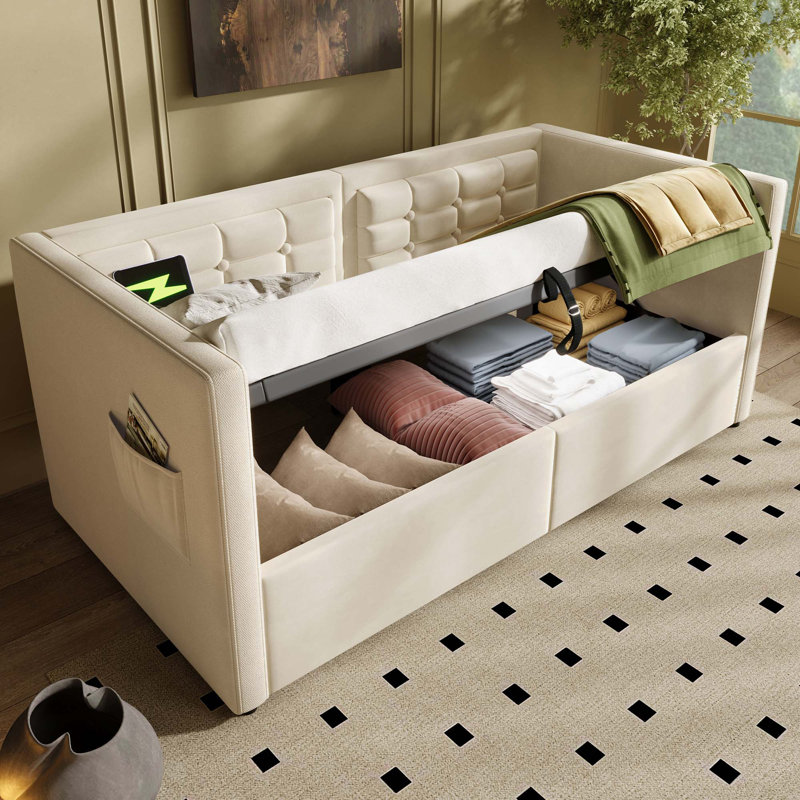 Upholstered Twin Size Daybed, Hydraulic Storage Twin Bed Frame with USB & Type-C Charging (Without Mattress), Beige