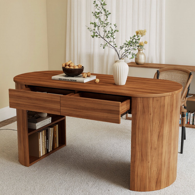 Bureau de rangement moderne de 60 po avec deux tiroirs, bureau à demi-cylindre avec tablettes ouvertes, bureau d'ordinateur pour salon, chambre à coucher