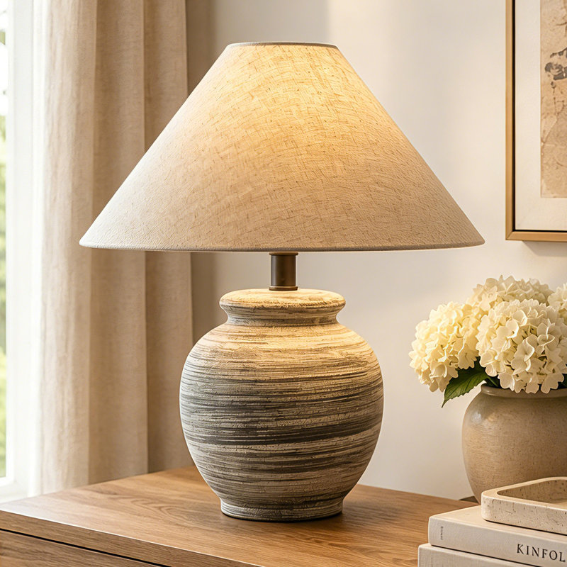 Gray Washed Ceramic Table Lamp With Free Bulb Included, Farmhouse Bedside Lamp For Bedroom Living Room, Neutral Rustic Table Lamp With Linen Shade, E26 Nightstand Lamp