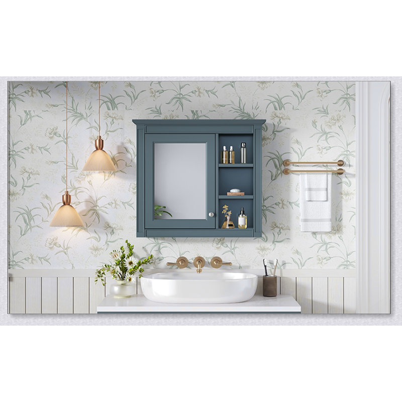 Armoire de rangement murale avec miroir, 30 po x 28 po, design moderne avec 3 tablettes ouvertes et intérieur réglable, Bleu